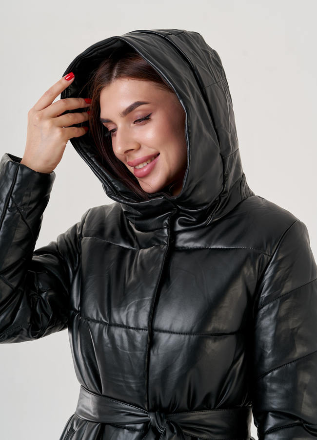 Длинный пуховик из эко кожи Malina Siberian модель № 79128 универмаг малина