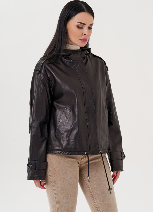 Кожаная куртка с капюшоном модель № 24361 универмаг малина