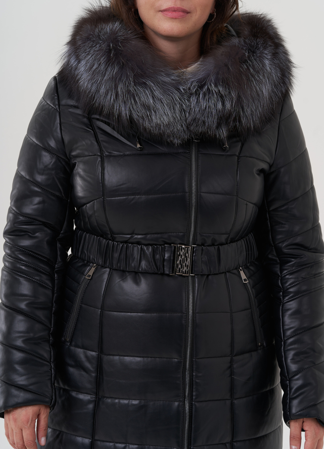 Пуховик из искусственной кожи с отделкой из натурального меха модель № 976 универмаг малина