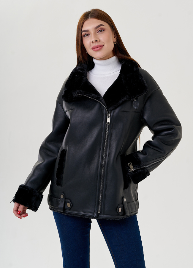 Дубленка из искусственного меха в черном цвете модель № 79309 меха малина