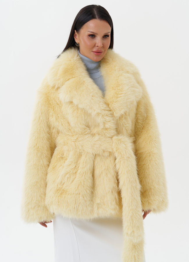 Шуба из экомеха под песца модель № 1345 меха малина