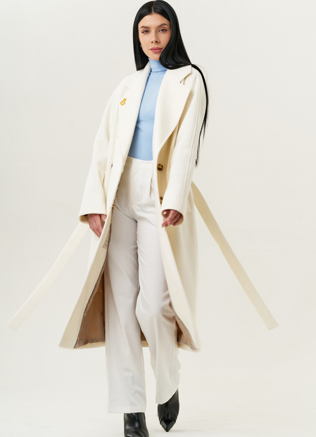 Светлое женское пальто-оверсайз с поясом модель № 22419 универмаг малина