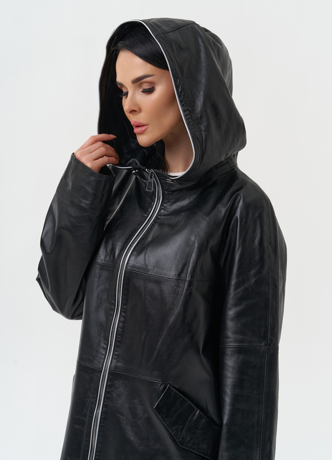 Женский плащ из натуральной кожи с капюшоном модель № 30339 универмаг малина