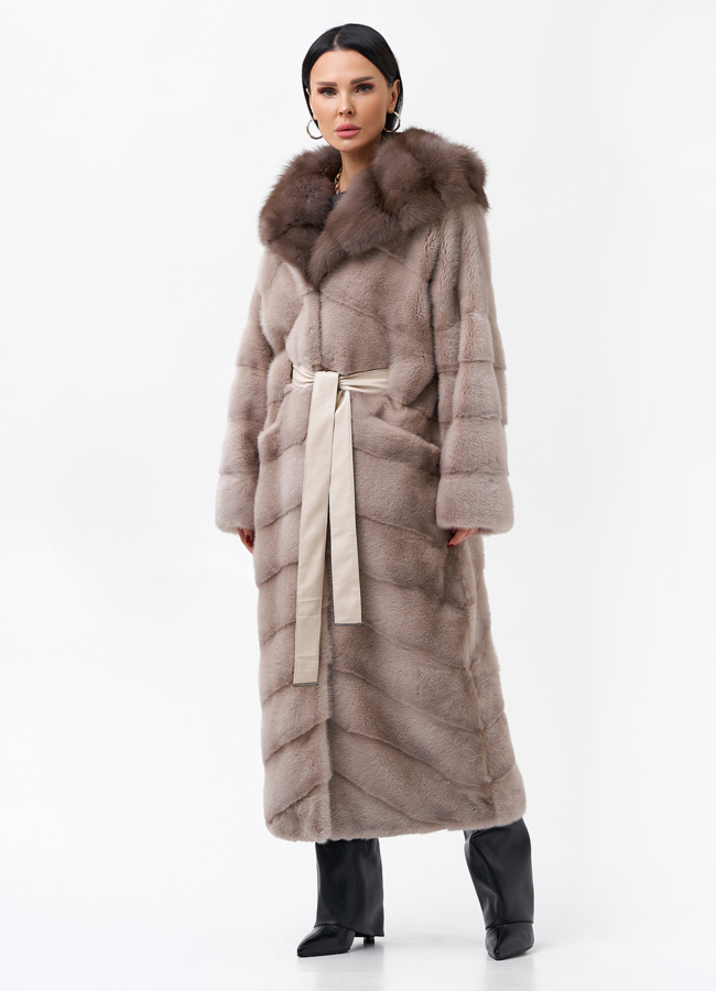 Длинная шуба из норки с капюшоном модель № 28128 универмаг малина