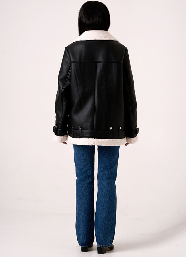 Эко дубленка черного цвета удлиненная на молнии модель № W5 в кредит