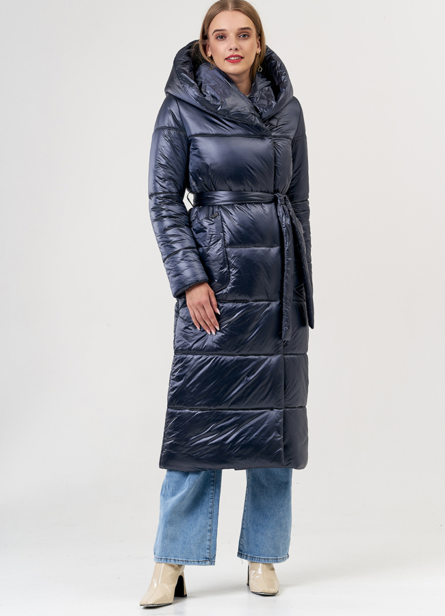 Пуховик синего цвета в длине макси модель № 0107 универмаг малина