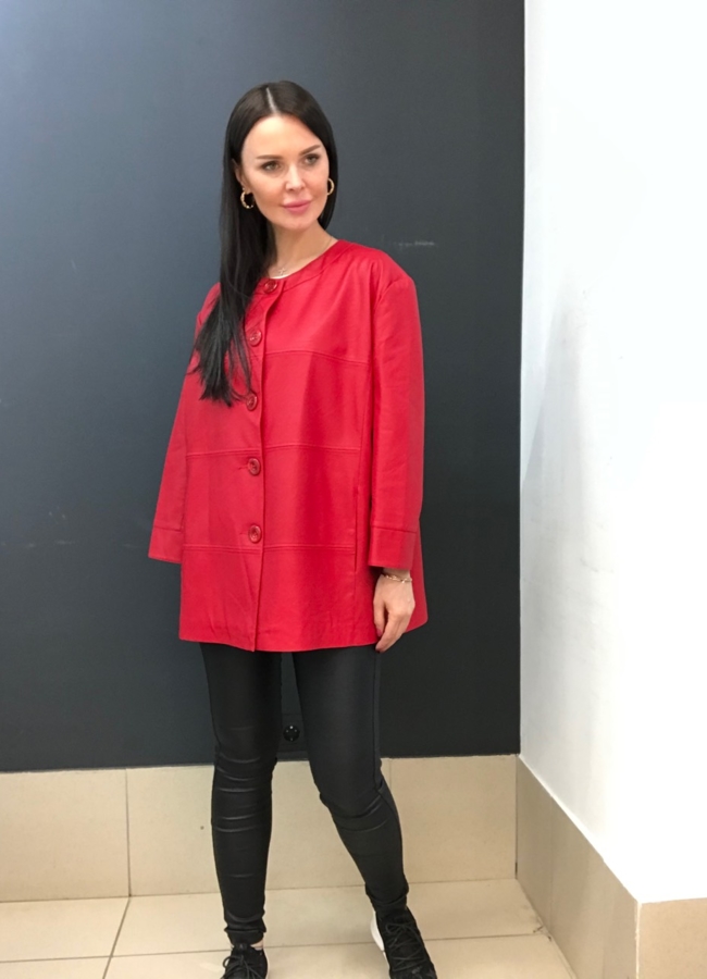 Куртка из эко кожи красного цвета модель № 1701 меха малина