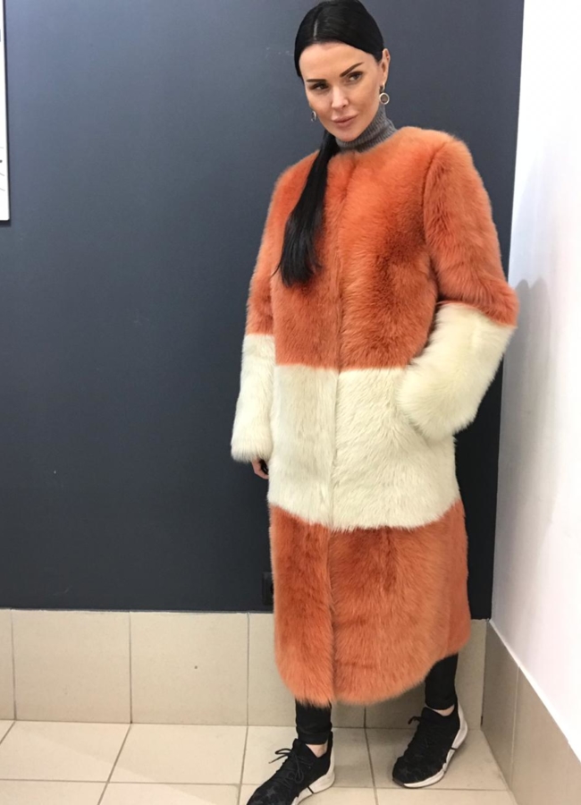 Дубленка  модель № R-1334-110 меха малина