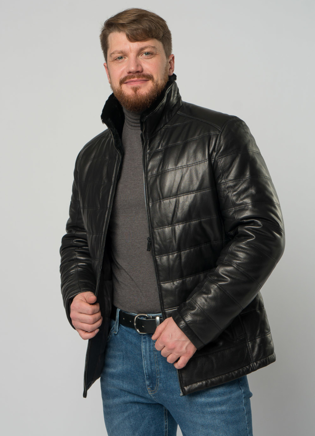 Мужской пуховик из натуральной кожи с отделкой из овчины модель № 21916 универмаг малина