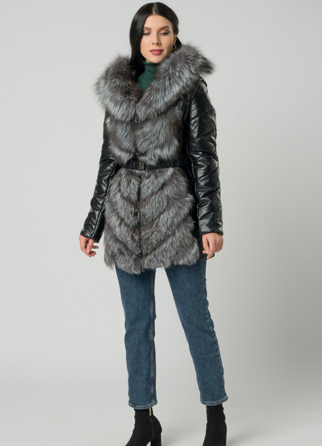 фото Пуховик трансформер из эко кожи черного цвета с чернобуркой модель № 19560, 76642