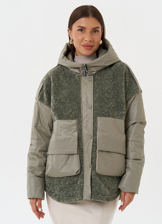 Комбинированная куртка с капюшоном модель № 28105 меха малина