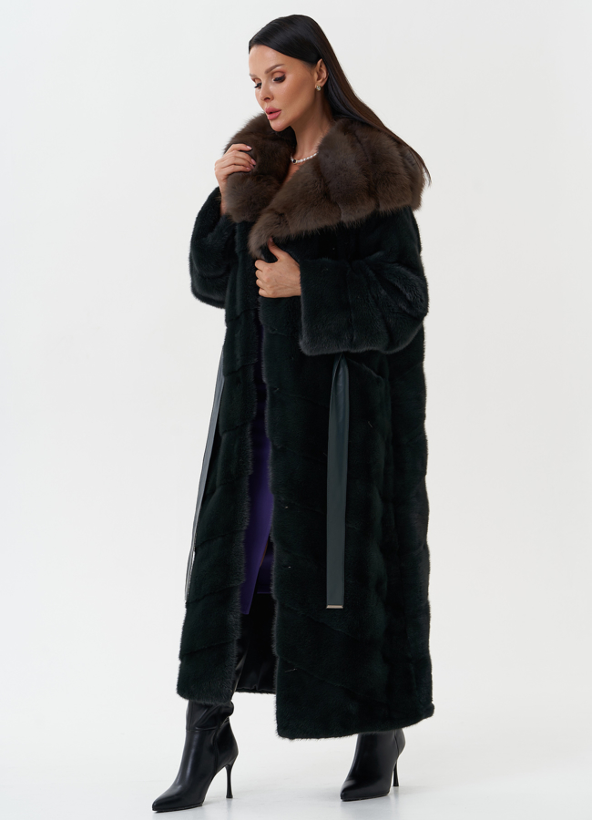 Длинная норковая шуба с капюшоном из куницы модель № 27849 универмаг малина