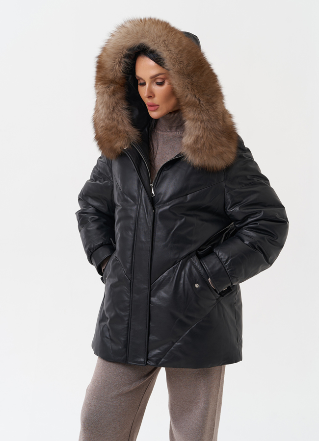 Женский кожаный пуховик с капюшоном модель № 28912 универмаг малина