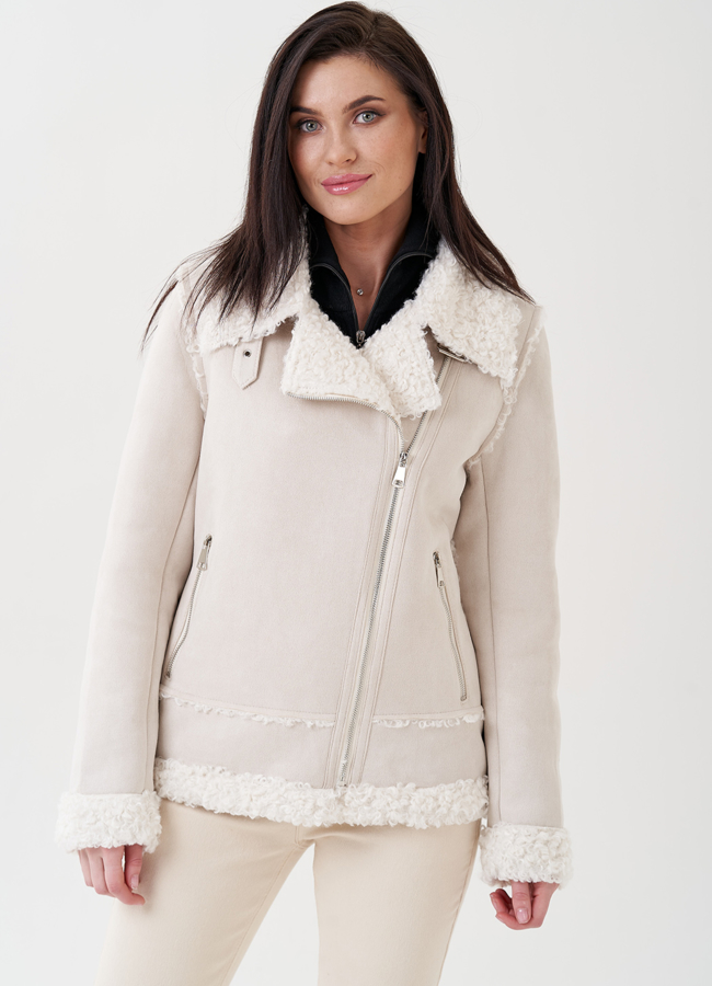 Женская дубленка из эко замши модель № 23989 меха малина