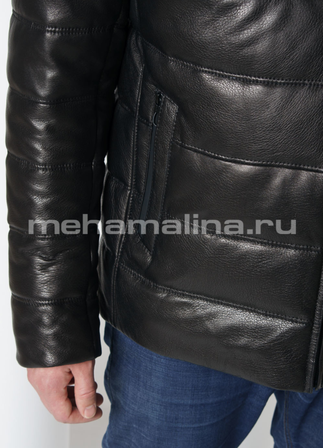 Кожаный пуховик черного цвета с капюшоном модель № KP-232 универмаг малина