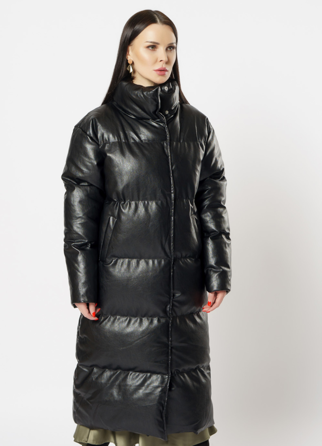 Пальто женское из экокожи черного цвета модель № 718-1 универмаг малина