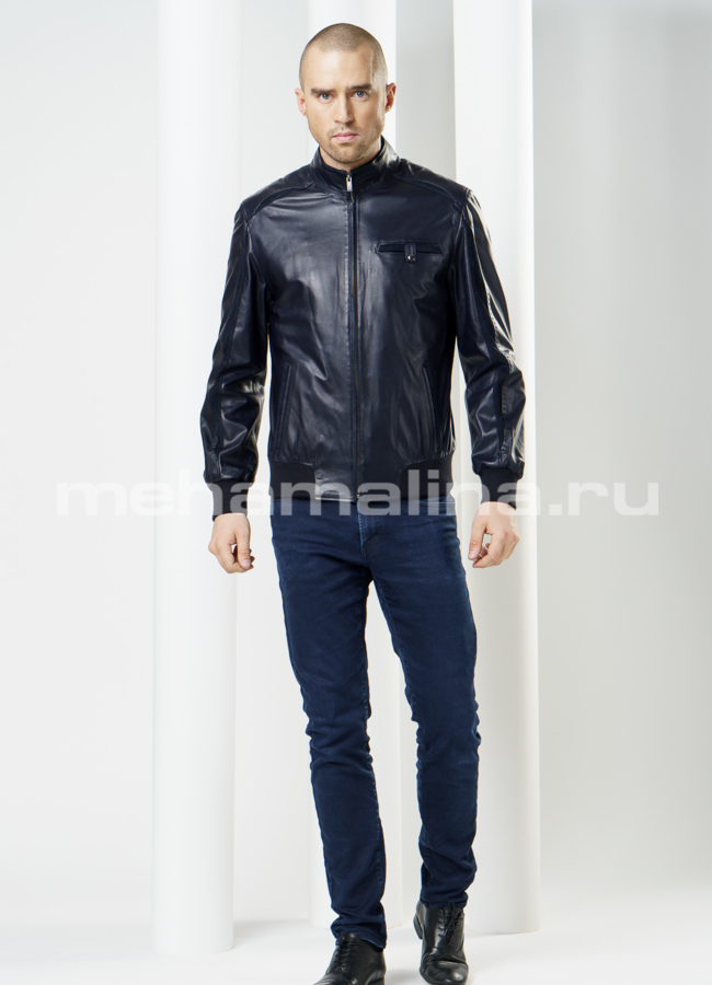 Кожаная куртка на резинке, цвет синий модель № KP-91 меха малина