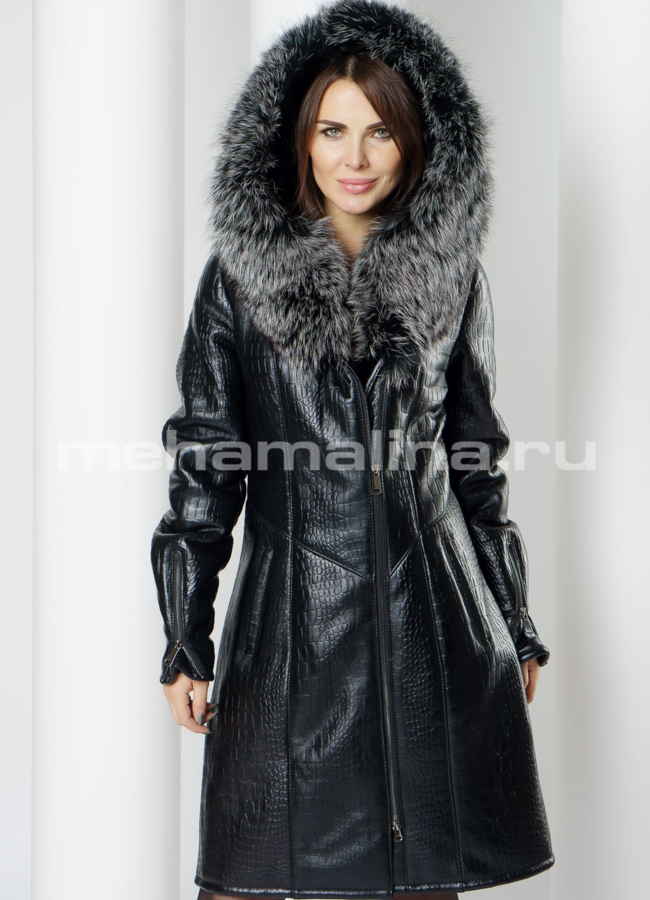 фото Дубленка из эко кожи с капюшоном черного цвета модель № 17087