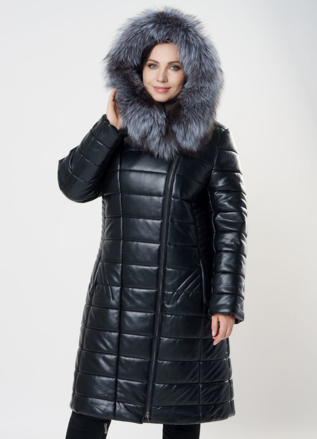 Удлиненный пуховик из эко кожи с чернобуркой модель № 8906 универмаг малина