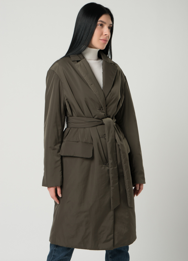 Женское полупальто с английским воротником на утеплителе в цвете хаки модель № 21158 в рассрочку
