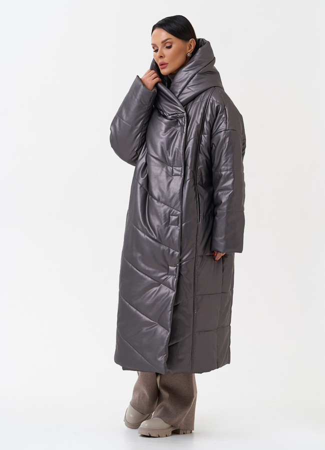 фото Пуховик из эко кожи с капюшоном модель № 27716