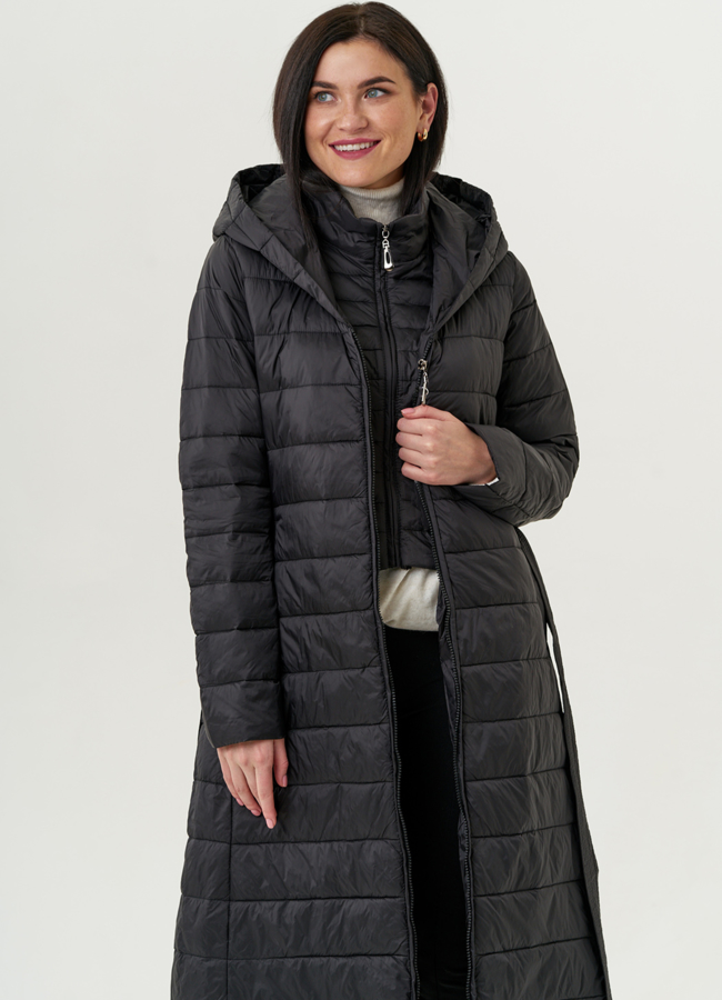 Женское удлиненное пальто с капюшоном и поясом модель № 22329 универмаг малина