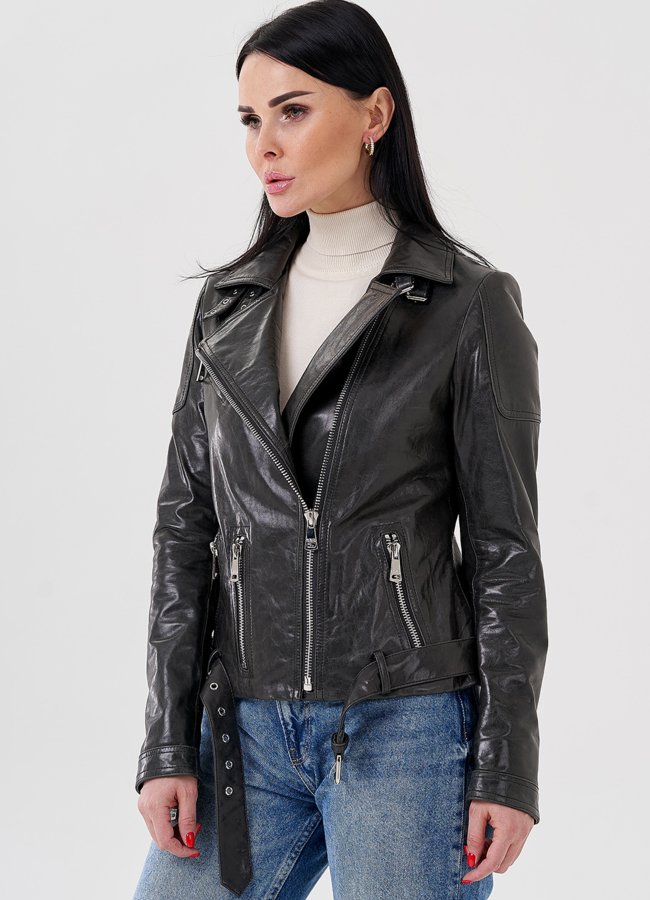 Женская куртка - косуха из натуральной кожи серого цвета  модель № 24121 универмаг малина