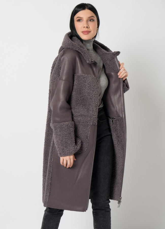 Дубленка из эко кожи комбинированная модель № 9762-1 меха малина