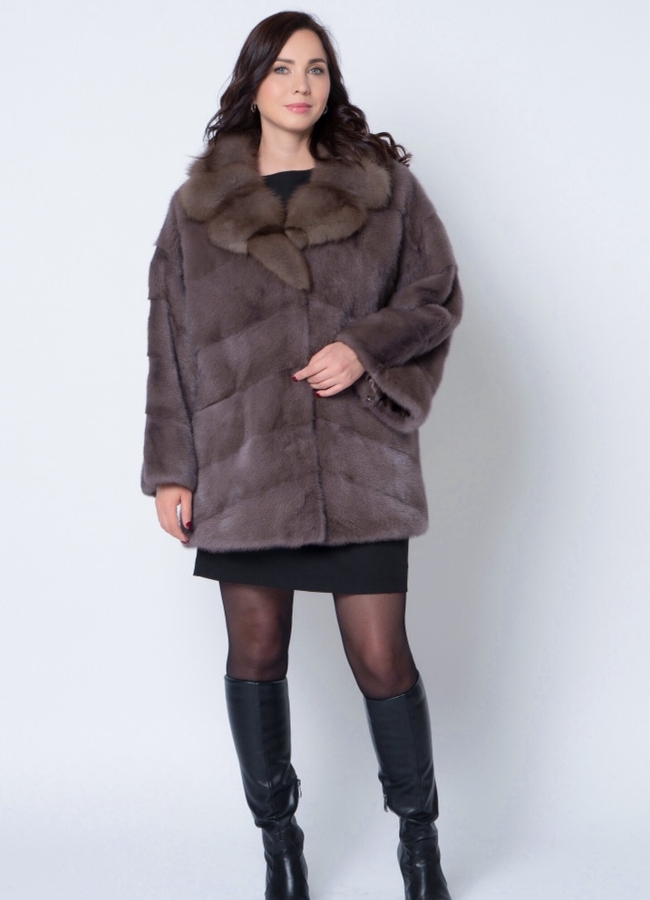 фото Норковая шуба с отделкой из куницы модель № 21603
