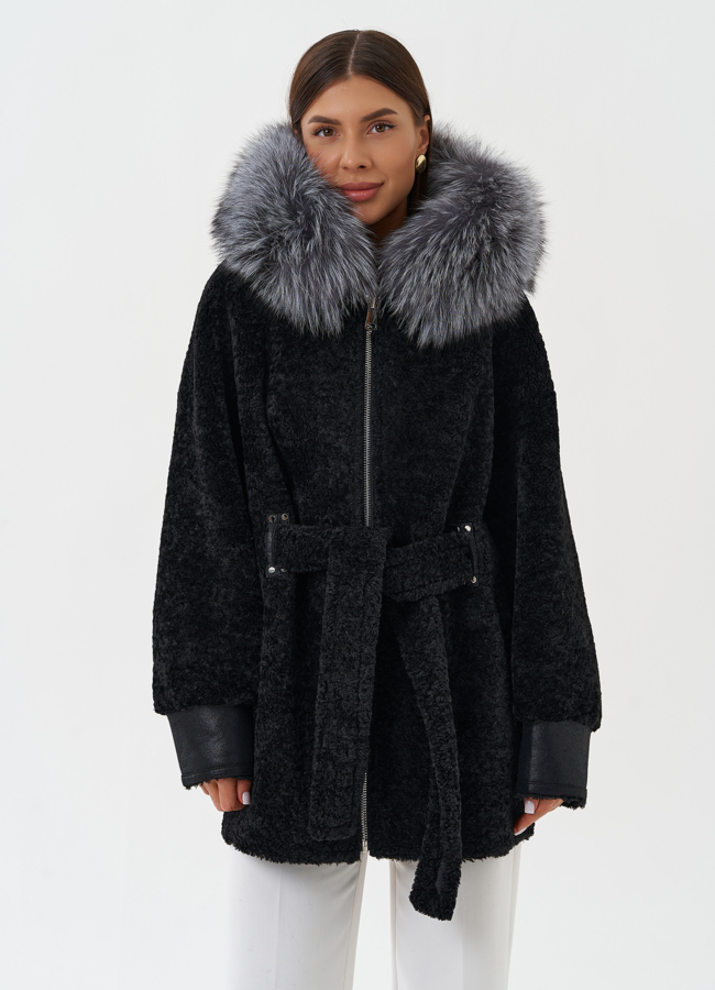 Двухсторонняя дубленка из эко кожи с капюшоном модель № 27772 универмаг малина