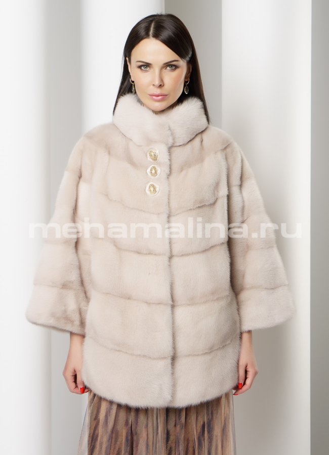Укороченная норковая шуба в цвете пудра модель № S-740 меха малина