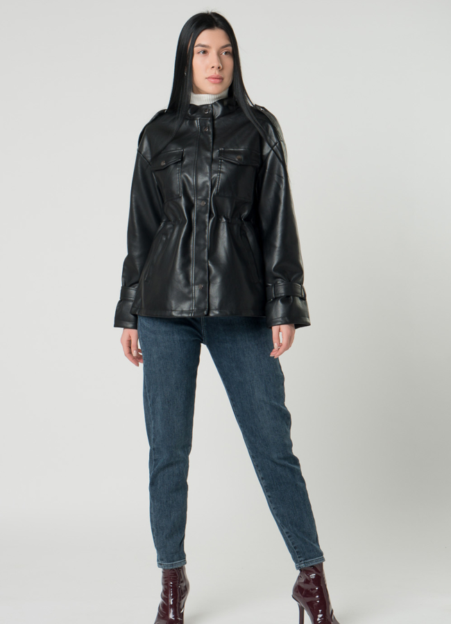 фото Женская куртка-рубашка с кулиской на талии  из эко кожи  модель № 22407