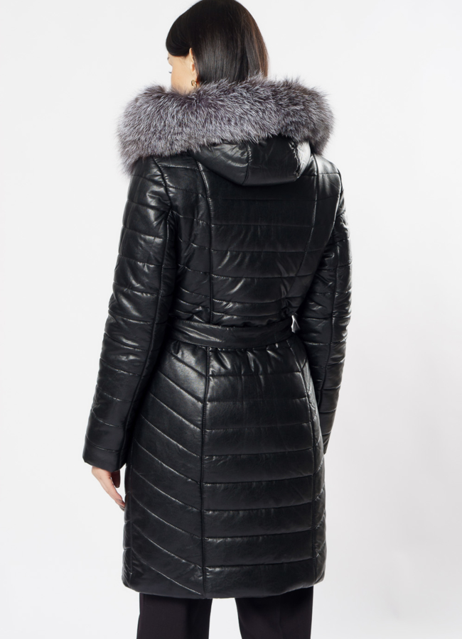 Пуховик из эко кожи черного цвета модель № 9801 универмаг малина