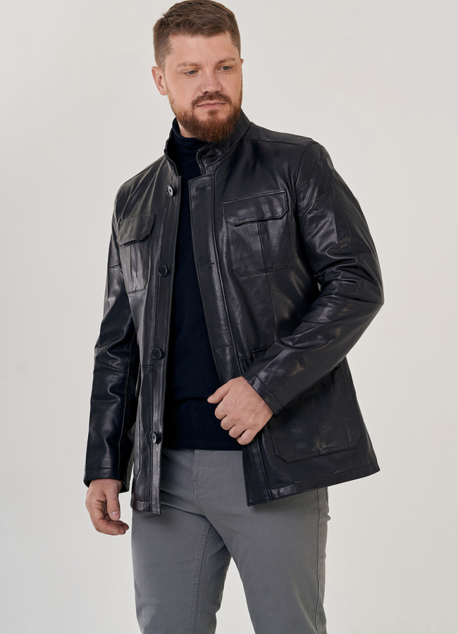 Мужская кожаная куртка  модель № 23147 меха малина