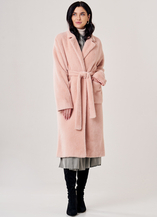 фото Пальто женское розового цвета с поясом модель № T4F W9822