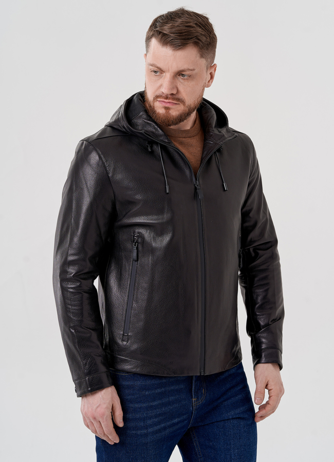 Кожаная куртка с капюшоном на молнии модель № 10980, 24371 универмаг малина