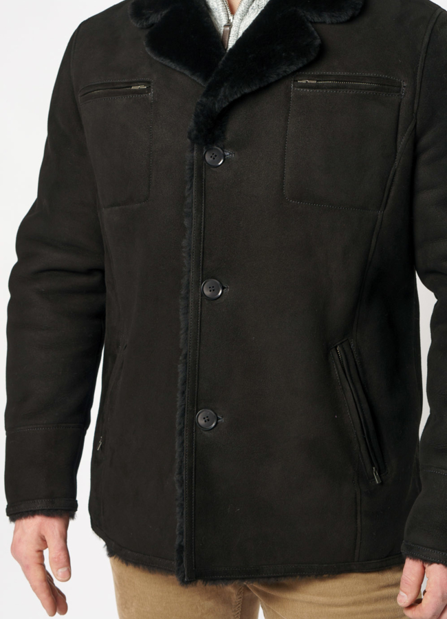 Мужская дубленка на пуговицах, цвет черный модель № DM-123 в рассрочку