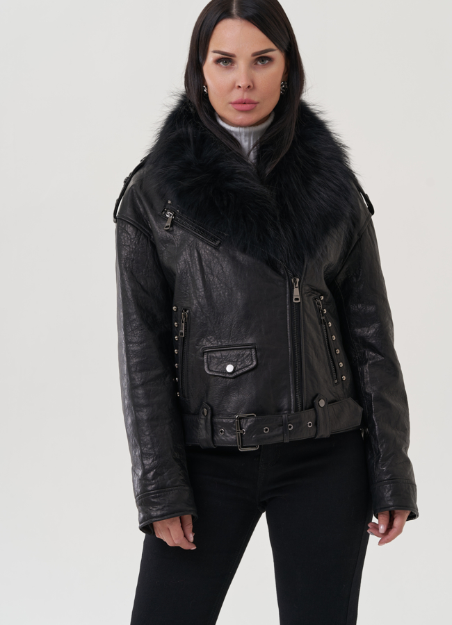 Женская куртка из натуральной кожи с отделкой из меха песца модель № 25372 меха малина