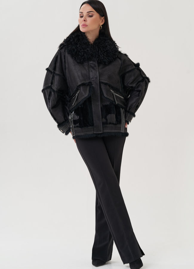 фото Куртка черного цвета с отложным воротником модель № 25546