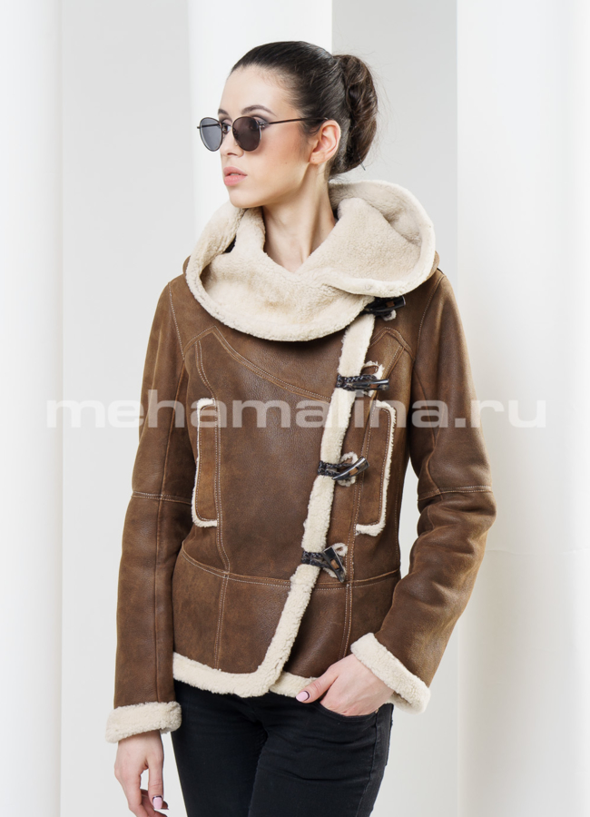 Дубленка укороченная модель № D-141 меха малина