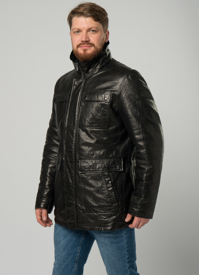 Мужской пуховик из натуральной кожи черного цвета модель № 21922 универмаг малина