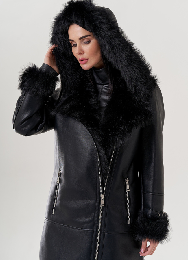 Женская дубленка из эко кожи черного цвета  модель № 79456 универмаг малина
