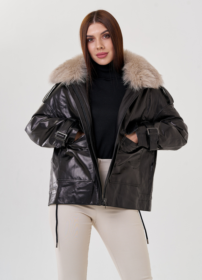 Куртка из кожи с мехом модель № 79226 меха малина
