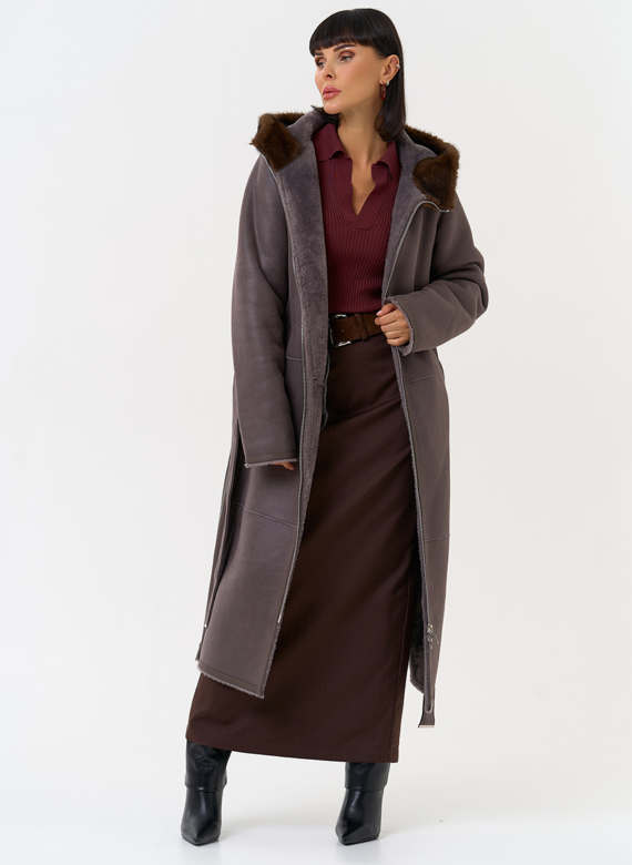 Женская дубленка из эко замши с поясом