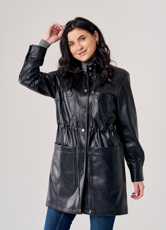 Плащ женский из эко кожи черного цвета модель № 20771 универмаг малина