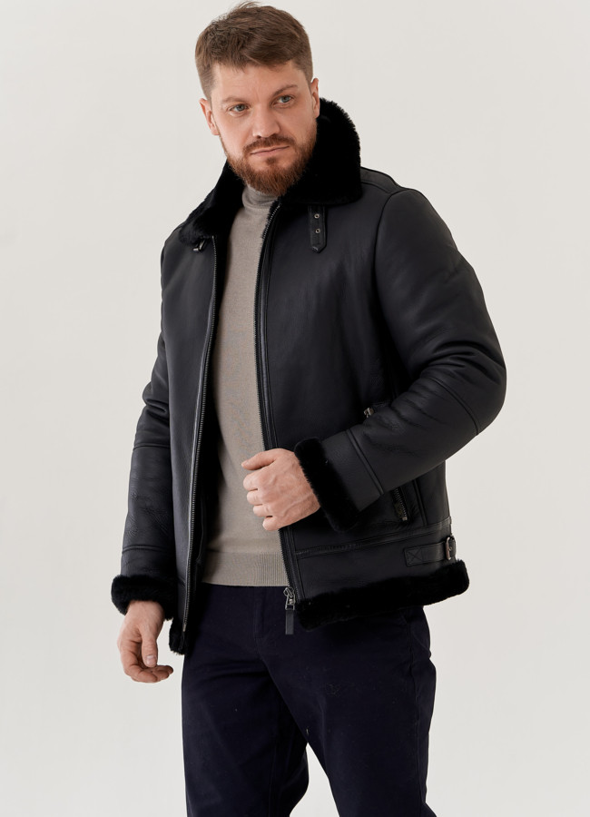 фото Мужская дубленка пилот черного цвета  модель № 79033