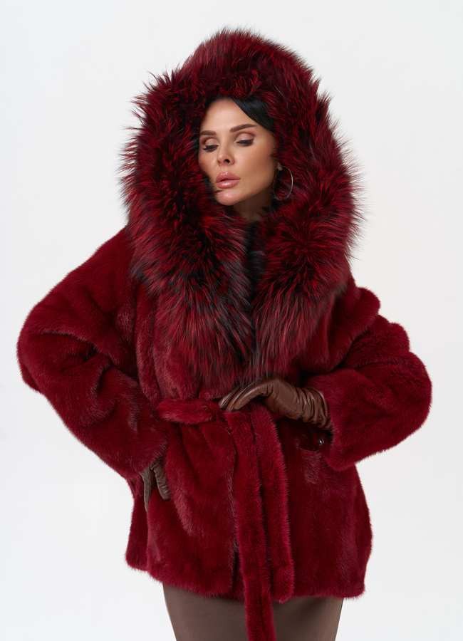 Бордовая шуба из норки модель № 29261 меха малина