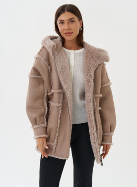 Двухсторонняя эко дубленка с капюшоном