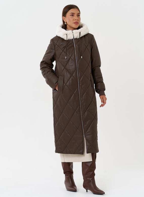 Пуховик из эко кожи с капюшоном