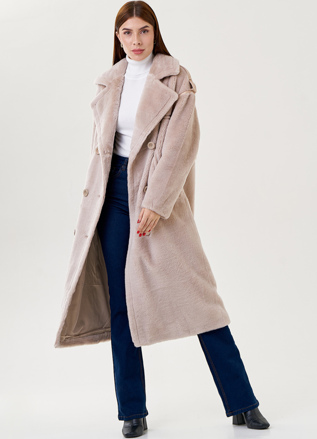 Двуботное женское пальто из эко меха с английским воротником  модель № 79321 универмаг малина